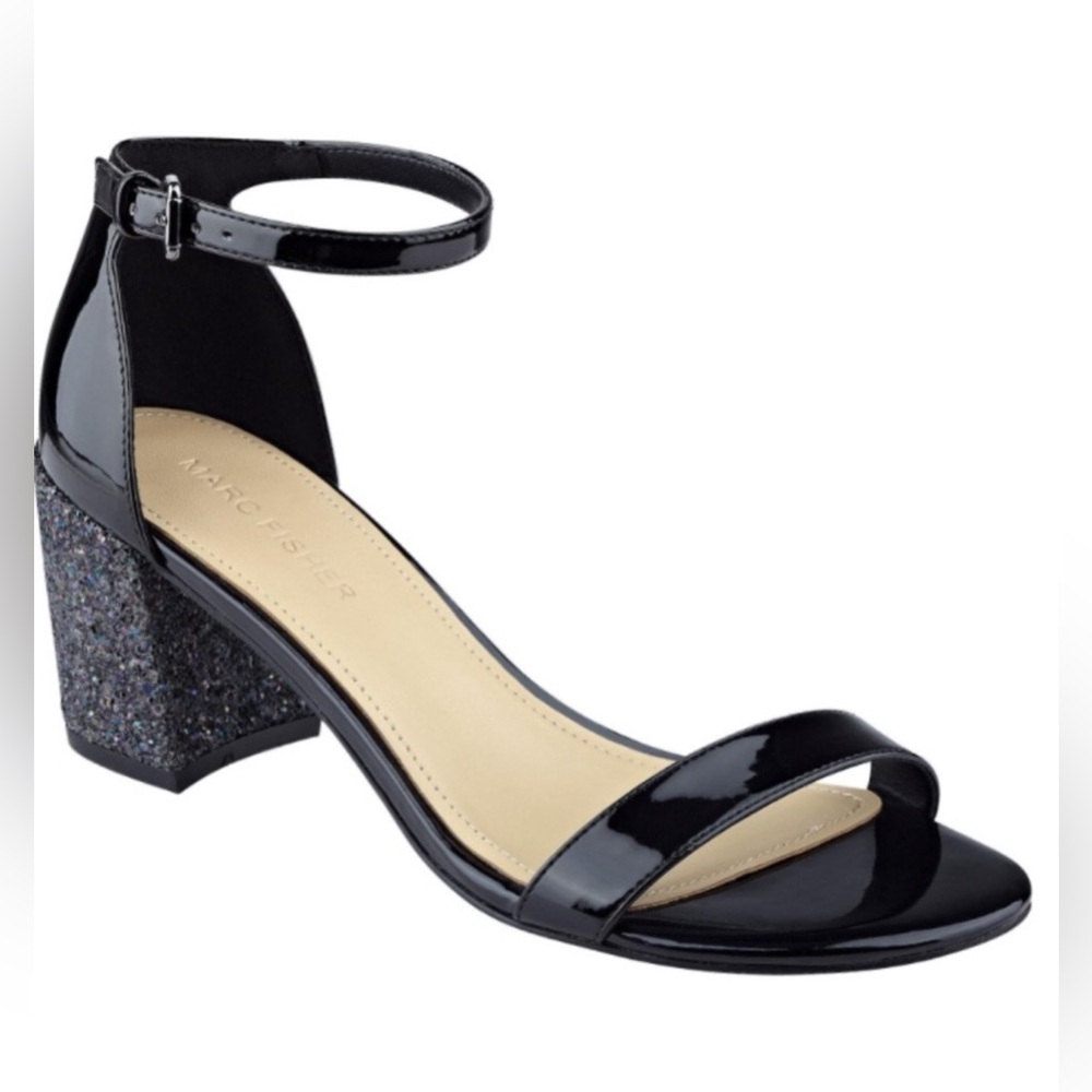 Marc Fisher women’s safia Glitter‎ block Heels open toe ankle strap black size 8